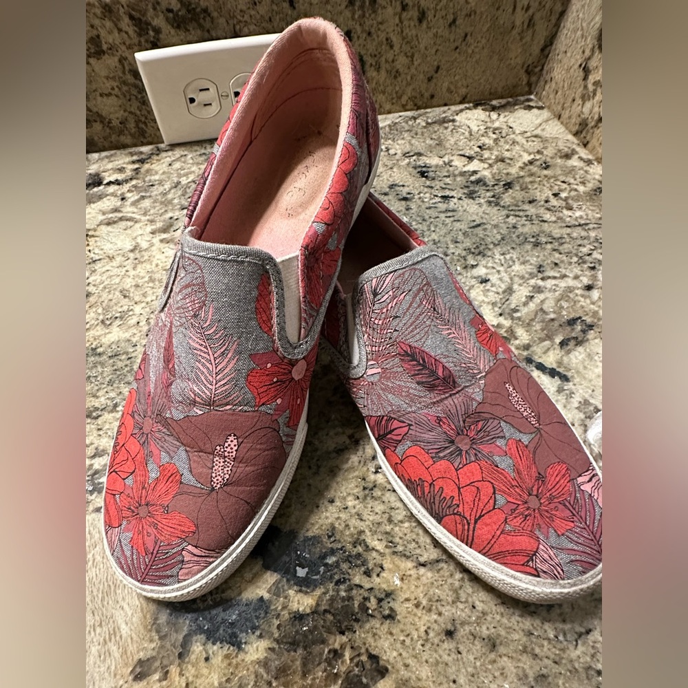 Bucket Feet Red and Gray Sneakers with Floral Pattern
